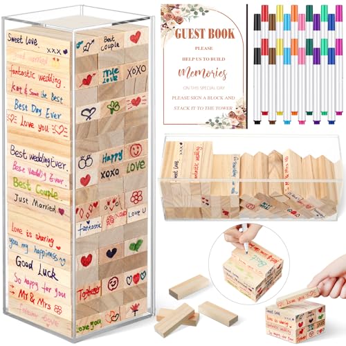 Beeveer 80 Pcs Wedding Guest Book Alternative Wooden Block Guest Book for Wedding Sign in Bridal Shower Decoration 54 Pcs Wooden Block Bridal Shower Game for Sign in, Reception(Rustic) - style: Rustic