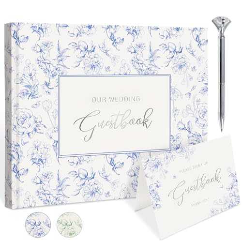 Blue Floral Wedding Guest Book with Pen, Hardcover, 144 Pages, 9x7 inches | Silver Foil Title, Space for Polaroid Photos Messages, Sign In Book for Reception, Bridal Shower Guest Book, Engagement Party - color: Blue