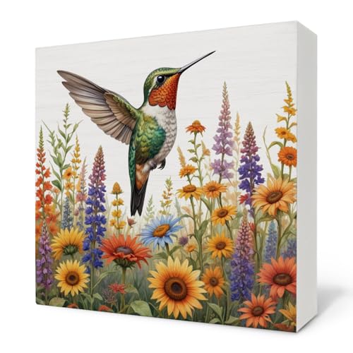 Hummingbird Decor Wooden Box Sign, Hummingbird Decor for Home, Spring Summer Colorful Hummingbird Florals Flowers Wood Block Signs for Home Patio Backyard Desk Table Shelf Decor, 5x5 Inch - color: Hummingbird02