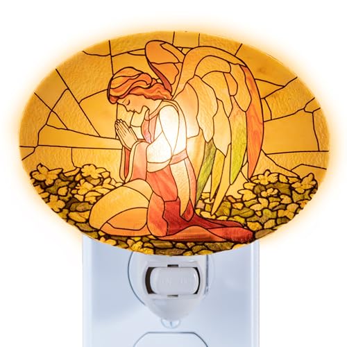 Guardian Angel Night Light Stained Glass Styled Plug-in Wall Light, Real Glass Spiritual Decor for Bedroom & Prayer Room, Manual Switch, Bulb Included Angel 2 - color: Angel 2