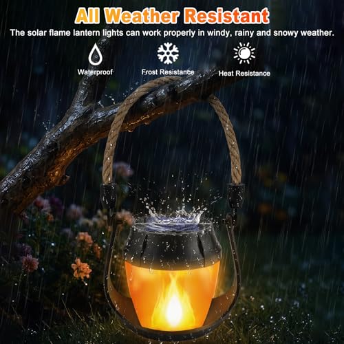 Solar Lanterns Outdoor Waterproof, 2 Pack Solar Flame Lanterns | Waterproof Hanging Solar Powered Outdoor Lights for Camping Yard Garden Patio Tabletop Holiday Decorations - size: 2 Pack