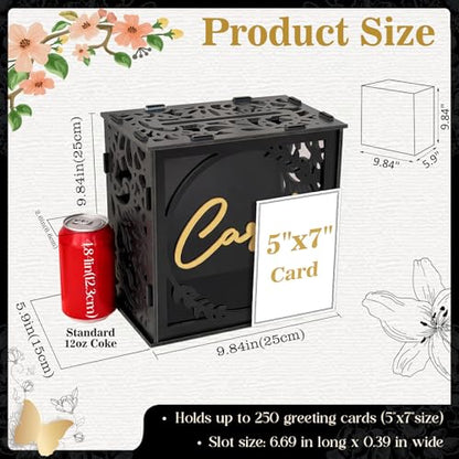 Black & Gold Wedding Card Box for Reception, PVC Gift Cards Holder for Graduation Party, Funeral Memorial, Birthday, Bridal & Baby Shower, Retirement, Donation Basket, Money, Envelope Box with Slot - color: Black