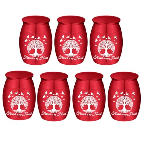 Small Keepsake Urn for Human Ashes Tree of Life Cremation Urns Mini Set of 7 Urns Perfect Stainless Steel Memorial Ashes Holder Small Funeral Ash Urn-Forever in My Heart (7Pcs-Red) - color: 7pcs-red