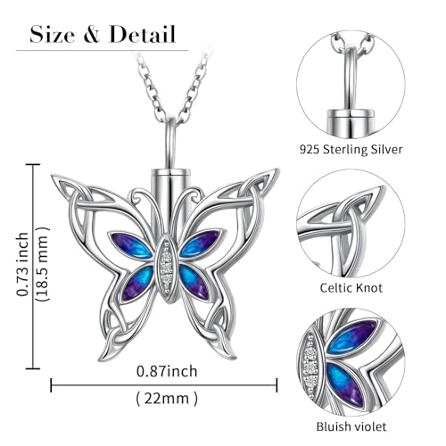 925 Sterling Silver Urn Necklaces for Women Claddagh/Angel Wings/Guitar/Butterfly/Tree of Life Ashes Memorial for Loss Keepsake Jewelry Present Easter Day of the Dead - style: Butterfly - Bluish violet