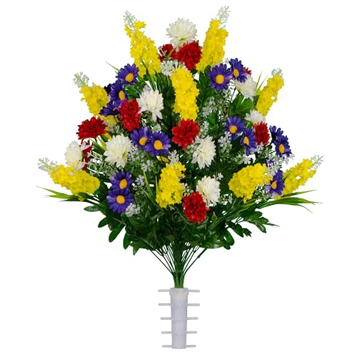 Sympathy Silks Artificial Flowers for Cemeteries - Realistic Grave Decorations - Yellow, Red, and Purple Wildflower Mix - Bouquet - color: Yellow Red, size: Bouquet