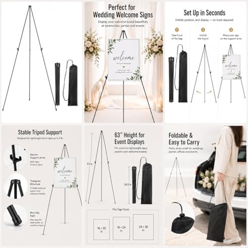 RRFTOK 2 Pack 63 in Sign Easel Stands, Instant-Fold Tripods with Bags | Instant-fold metal tripod with carry bag for welcome sign, poster display, foam board and floor use - style: 63B 2pack