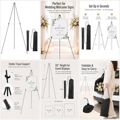 RRFTOK 2 Pack 63 in Sign Easel Stands, Instant-Fold Tripods with Bags | Instant-fold metal tripod with carry bag for welcome sign, poster display, foam board and floor use - style: 63B 2pack
