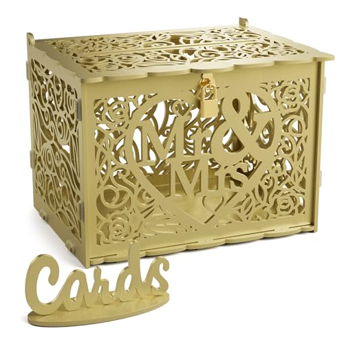 Jolik Wedding Money Box Holder with Lock Slot, Large Rustic Wood Wooden DIY Envelop Gift Card Shadow Boxes for Reception Anniversary Graduation Birthday Party Parties (Mr & Mrs, Gold) - color: Gold-A, size: Model A