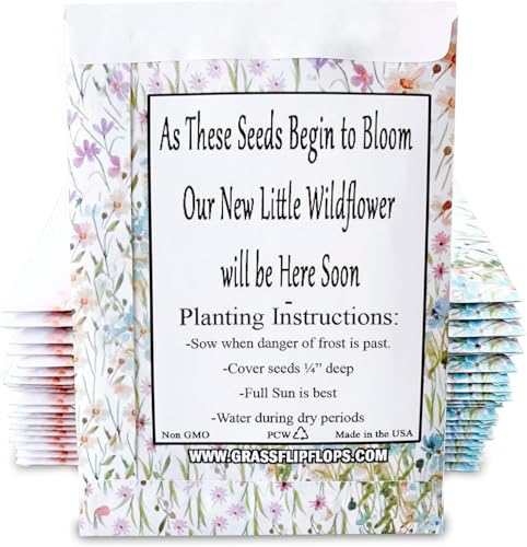 25 Wildflower Seed Packets - Baby Shower Favors for Guests - Gender Reveal Party Supplies - Wild Flower Seeds Throw and Grow Perennial & Annual Mix to Attract Pollinators Bees and Butterflies Non-GMO