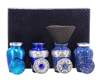 Blue Small Urns for Human Ashes Female Male | Set of 4 Premium Mini Keepsake Urns with Four Velvet Bags A Paper Funnel and A Stunning Magnet Closer Gift Box - color: Blue