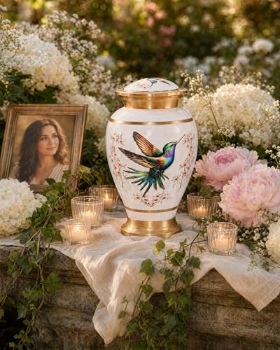 Remoria Cremation Urns for Human Ashes, Large Adult White Hummingbird Urn | Funeral Urn for Female & Male, 185 Cu In, Gift Box and Velvet Bag Included - color: White