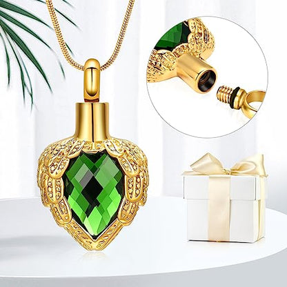 memorial jewelry Gold Angel Wings Glass Heart Urn Pet/Human Cremation Pendant Necklace Jewelry for Ashes - color: Green