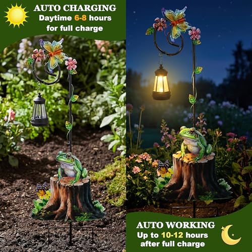 Solar Frog Lantern Garden Stake 31.5in Metal Night Light Outdoor Art - color: Frog