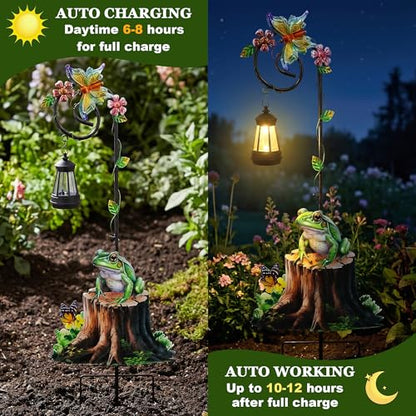 Solar Frog Lantern Garden Stake 31.5in Metal Night Light Outdoor Art - color: Frog