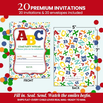 ABC Alphabet Letters and Learning Birthday Party Invitations, 20 5x7 Fill In Cards with Twenty White Envelopes by AmandaCreation - style: ABC Alphabet Letters