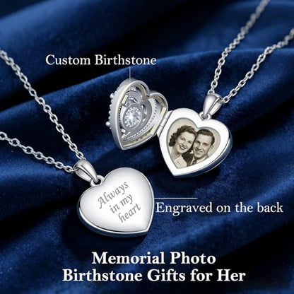Locket Heart Necklace that Holds Pictures Photo Lockets Birthstone Pendant Anniversary Memorial Jewelry Gifts for Women - color: 06-June-Silver-Heart Locket