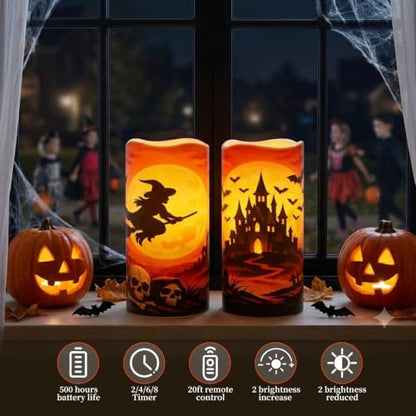 Amagic 3"x6" Halloween Flameless Candles, Waterproof LED Pillar Candles - color: Witch + Castle, size: 2 Pack, D3"xH6"