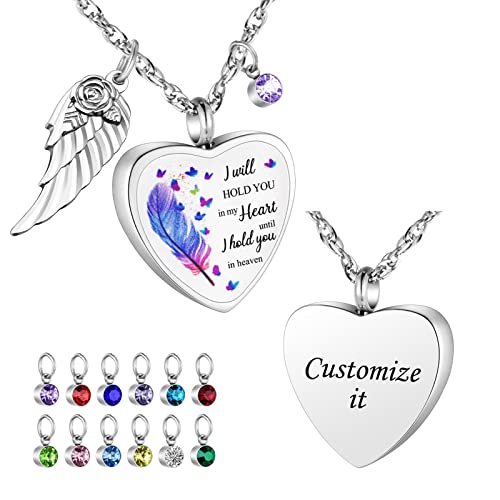 Dletay Heart Urn Necklace for Ashes Birthstones Cremation Jewelry for Ashes Stainless Steel Ash Necklace Memorial Ash Holder - color: Silver Wing-Custom