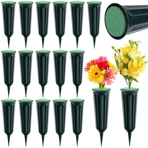 Hahood 16 Pack Memorial Cemetery Vases with Spikes and Floral Foam Set Memorial Floral Ground Vases with Stakes Flower Holder for Cemetery Cone Vase for Flowers Grave Lawn Memorial Garden Decorations