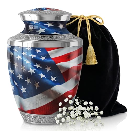 American Flag Cremation Urn for Human Ashes – Large Adult Patriotic Burial Urn for Veterans, Men & Women, Decorative Memorial Funeral Urn for Home Display or Cemetery - size: Large