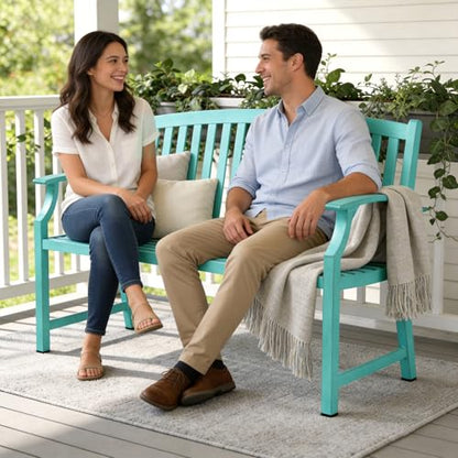 Grand patio 52" Farmhouse Outdoor Bench with Armrest, Turquoise Blue | Anti-rust Aluminum Frame, Faux Wood Grain Finish, for Front Porch, Yard, Park, Garden - color: Turquoise Blue