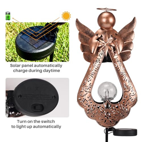 Edenseelake Angel Solar Lights Stake with Crackle Glass Globe Waterproof, Metal Garden Decor Stake LED Light, Memorial Gift for Mom, Women, Friends, Patio, Yard