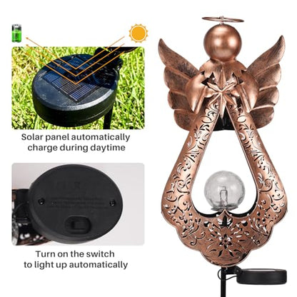 Edenseelake Angel Solar Lights Stake with Crackle Glass Globe Waterproof, Metal Garden Decor Stake LED Light, Memorial Gift for Mom, Women, Friends, Patio, Yard