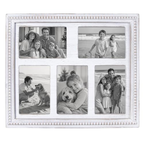 White Collage Picture Frames for Wall, 5 Opening 4x6 Distressed Wood Photo Frame with Decorative Beads, Rustic Farmhouse Multi Family Picture Frame Display - color: White, size: 5 Picture 4x6