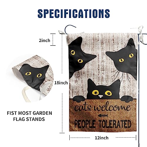 Black Cat Garden Flag Cats Welcome People Tolerated Sign Flag Halloween Banners for Outside 12 X 18 Double Sided Cat Lovers Gifts for Women - color: catscome