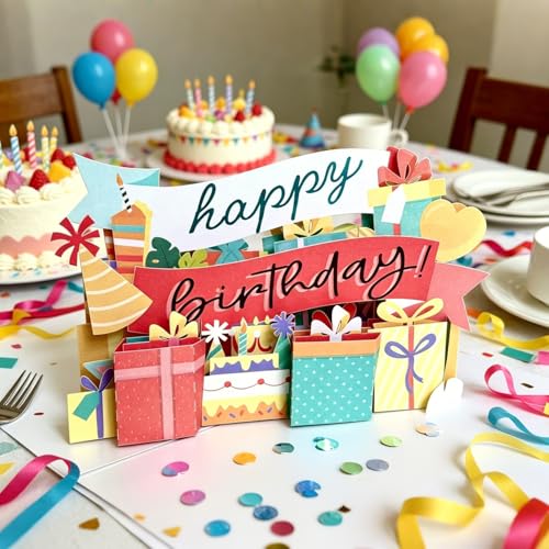 3D Pop Up Birthday Card, Colorful Happy Birthday Greeting Card with Gift Box & Party Banner Design, Unique 3D Birthday Card for Women, Men, Kids, Friends & Family - Ideal for Birthday Celebrations & Party Favors