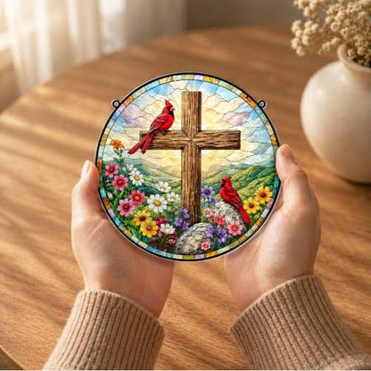 Cardinals with Jesus Cross Memorial Suncatcher, 8" Christian Stained Glass Wavy Acrylic Window Hanging, Sympathy Gift for Loss of Loved One, Mom, Dad, Grandma, Family Member, Religious Gifts for Women - color: Cardinal With Jesus Cross