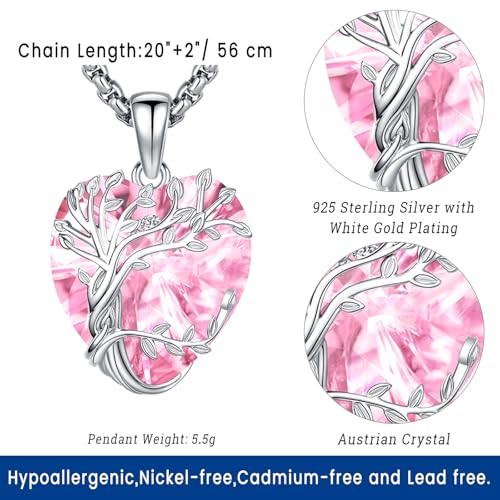Eusense Tree of Life Necklace for Women Men Sterling Silver 925 Tree Urn Locket Cremation Jewelry Family Tree Pendant Gifts for Her Him Mom Dad Grandma Daughter - style: E-G-Tree of Life Necklace 10-Pink