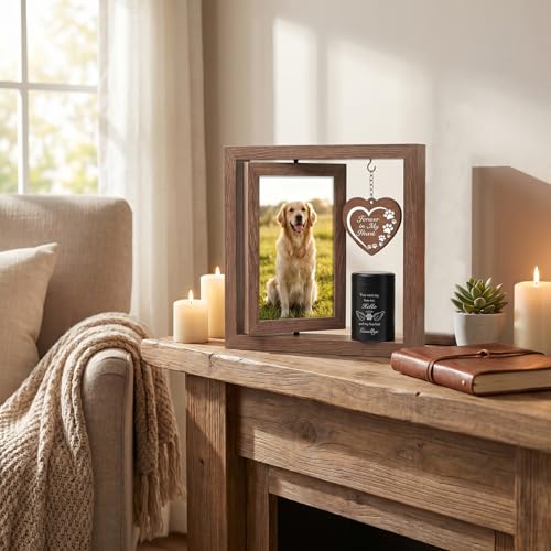 Memorial Gifts for Loss of Pet - Memorial Picture Frame and Small Urn Set - color: Rustic Brown