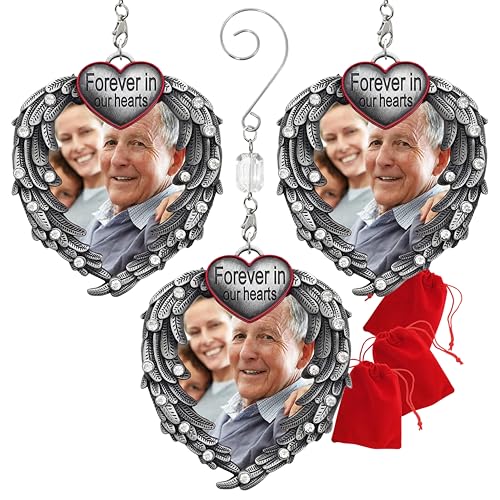 Memorial Photo Ornament for Loss of Loved One, Forever in Our Hearts Silver Heart Ornament with Angel Wings, Personalized Picture Memorial Christmas Ornament, Sympathy Gift, 3 Pack with Storage Bag