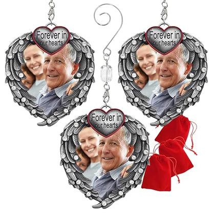 Memorial Photo Ornament for Loss of Loved One, Forever in Our Hearts Silver Heart Ornament with Angel Wings, Personalized Picture Memorial Christmas Ornament, Sympathy Gift, 3 Pack with Storage Bag