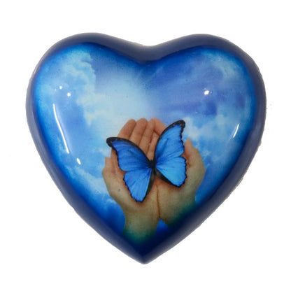 Blue Butterfly Small Love Heart Urn for Human Ashes Remains - Funeral Gift Set of Mini Heart Urn - Display Stand - Velvet Carry Bag - A Paper Funnel - Magnetic Closure Gift Box - color: Blue Butterfly in Hand-heart