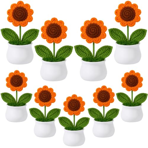 9 Pack Sunflower Crochet Flower Bouquet Pot Bulk Sunflower Thank You Gifts Handmade Knitted Flower Mini Floral Plant for Women Coworker Summer Wedding Home Table Car Decor - style: Sunflower