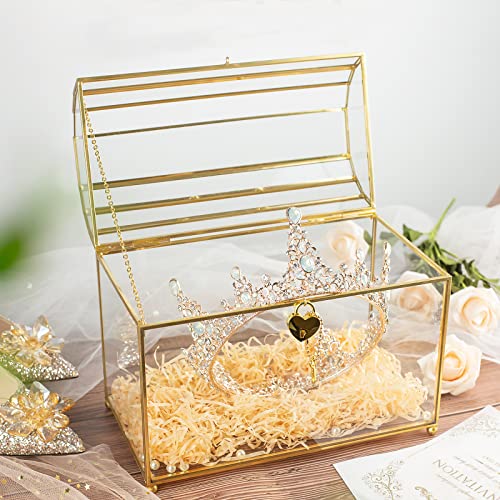 Gold Wedding Glass Card Box with Slot and Heart Lock, Large Clear Card Box for Wedding Reception, Bridal Shower, Handmade Brass Glass Display Box Weddings Centerpiece - color: slot and heart lock