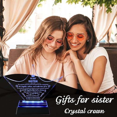 Sisters Gifts from Sister - Crown Crystal Engraved Keepsake with Led Base - Big Bestie Present for Girls Soul Gifts for Women - Best Unique Birthday Sister Gifts On Christamas Mothers Valentines - style: Sister-crown+led light