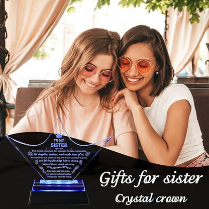 Sisters Gifts from Sister - Crown Crystal Engraved Keepsake with Led Base - Big Bestie Present for Girls Soul Gifts for Women - Best Unique Birthday Sister Gifts On Christamas Mothers Valentines - style: Sister-crown+led light