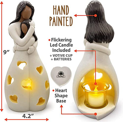 OakiWay Mother-Daughter Love Candle Holder Statue with Flickering LED Candle | Hand-Painted (Dark) - Unique Gifts for Mother's Day, Christmas, Birthday | Greeting Card Included - color: Mom & Daughter (Dark)