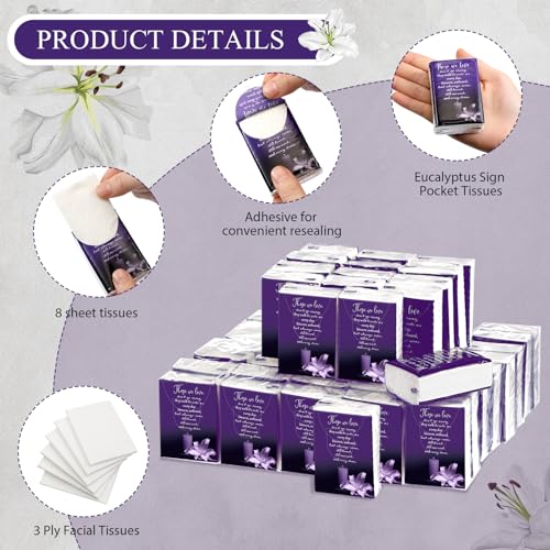 100 Packs Funeral Facial Tissues Memorial Keepsake Pocket Tissue Those We Love Don't Go Away Inspirational Poem Tissue 3 Ply Napkin Packs Funeral Favor for Guests Family Relative, 700 Sheets(Purple) - color: Purple