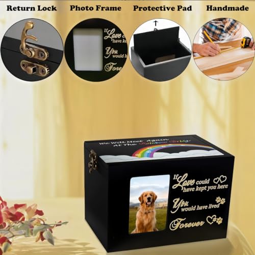 Solid Wood Pet Urns for Dog or Cat Ashes,Rainbow Bridge Memorial | Small Dog Urn for Ashes Keepsake, Dog Cremation Ashes Box with Photo Frame&Black Flannel Lining, Pet Loss Remembrance Gift - size: Small - Capacity 60 Cubic Inches