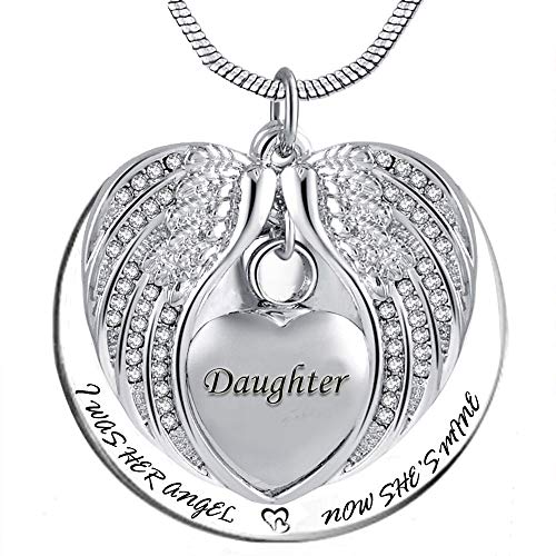 PREKIAR Angel Wing Urn Necklace for Ashes, Heart Cremation Memorial Keepsake Pendant Necklace Jewelry with Fill Kit and Gift Box - color: Daughter