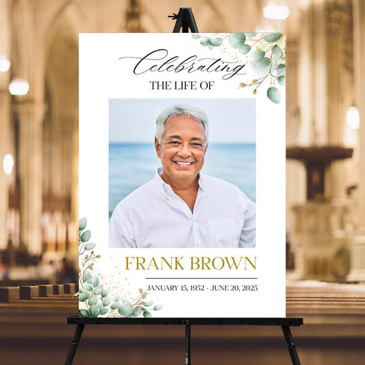 Personalized Funeral Welcome Sign, Celebration Of Life Decoration, Custom Memorial Welcome Signs with Picture, Celebration of Life Sign With Photo, Funeral Decorations, Greenery Gold Memorial Decor - color: Style #17