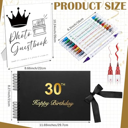 AmazingSpark Birthday Guest Book Set Memory Photo Guest Book Black Gold Decoration Birthday Gift for Men Women Wood Signature Photoprop Party Supply Sign Picture Album for Party Event(30th) - size: 30th