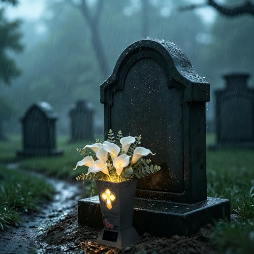 Solar Cemetery Grave Vase with Spike, 14.3"x4.3" Angel & LED Cross Design | Removable Ground Stake for Headstone Flower Holder, Cemetery Decorations for Grave - size: 1 Pack