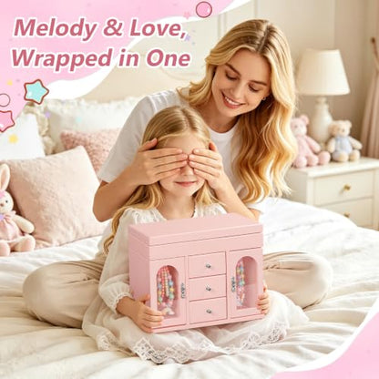 Musical Jewelry Box for Girls, Large Wooden Kids Jewelry Organizer with Spinning Ballerina & Mirror, 5-Layer Storage with Drawers & Side Doors, Pink Jewelry Box for Girls Birthday Christmas & gifts