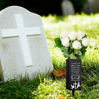 WEBEEDY Cemetery Vases Mom & Dad Memorial Vases Grave Flower Holder with Spike, White Dove Cross Cemetery Decorations for Grave Outdoor Yard, Memorial Gift for Mother Father Loss,1 pc (3x8 Inch)