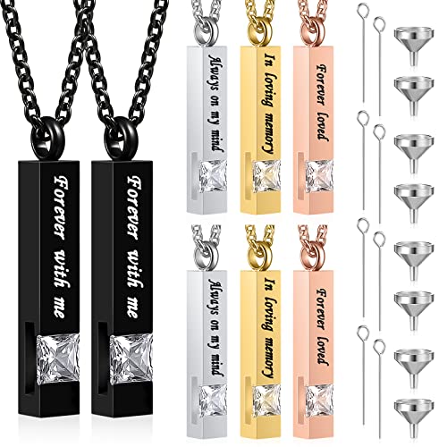 8 Pcs Memorial Urn Necklace Cremation Jewelry for Ashes for Men Women Human Ashes Keepsake Stainless Steel Cremation Pendant Bar Locket with Cubic Zirconia